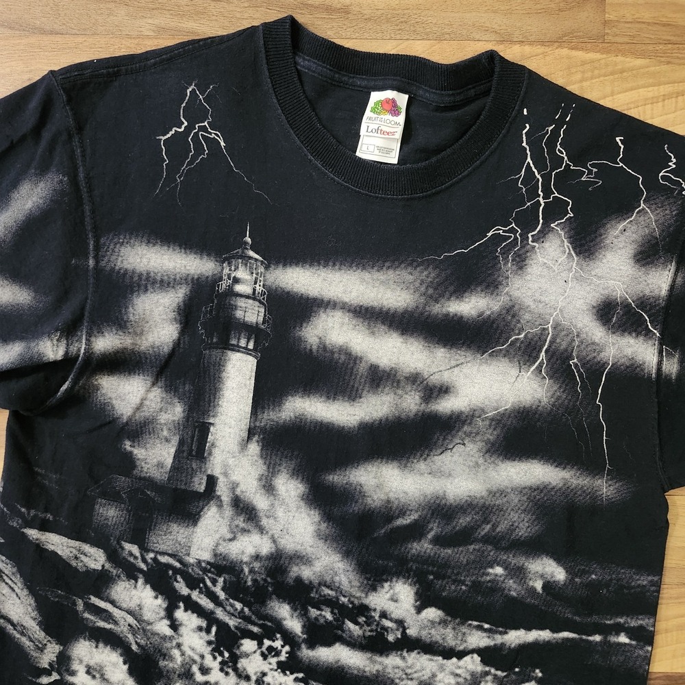 VTG Storm Lighthouse Art Unlimited Double Sided Graphic Print Shirt Size Large